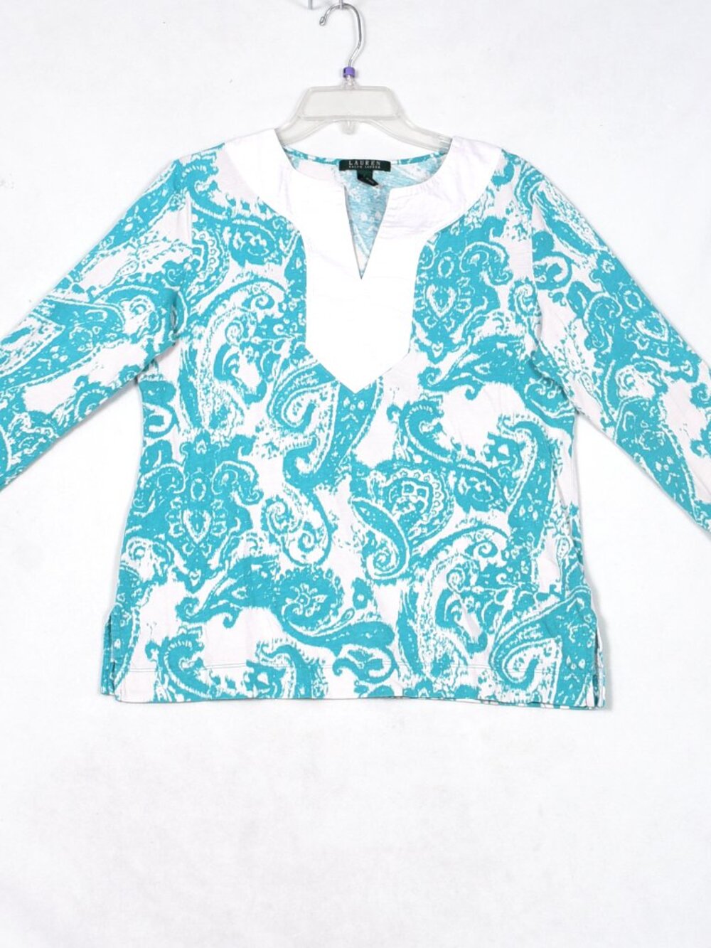 Lauren Ralph Lauren Shirt Women's Large White Teal 3/4 Sleeve Paisley Blouse Top